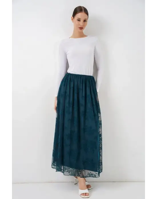 Flok Baskılı Uzun Tül Etek 8070 - Petrol