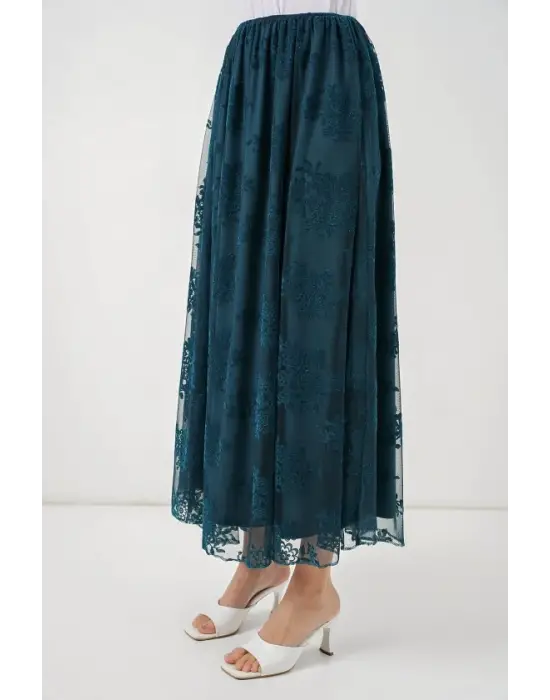 Flok Baskılı Uzun Tül Etek 8070 - Petrol