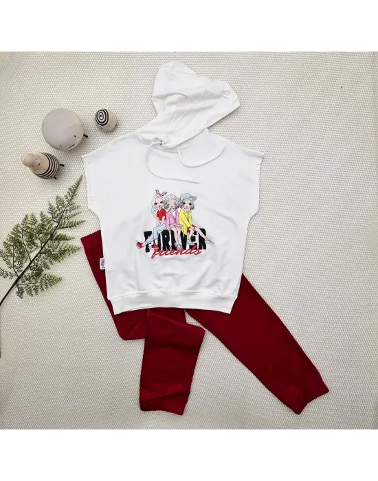 Omarı Sevimli Kız Çocukları İçin Kapşonlu Kırmızı Takım