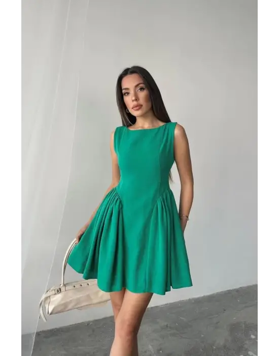 Omarı Keten Elbise Mini Boy Yeşil