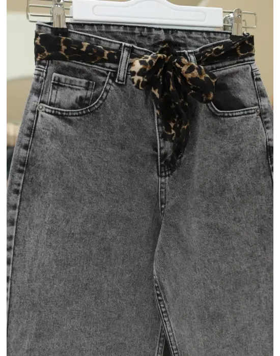 Fular Detaylı Palazzo Kot Pantolon  -Füme