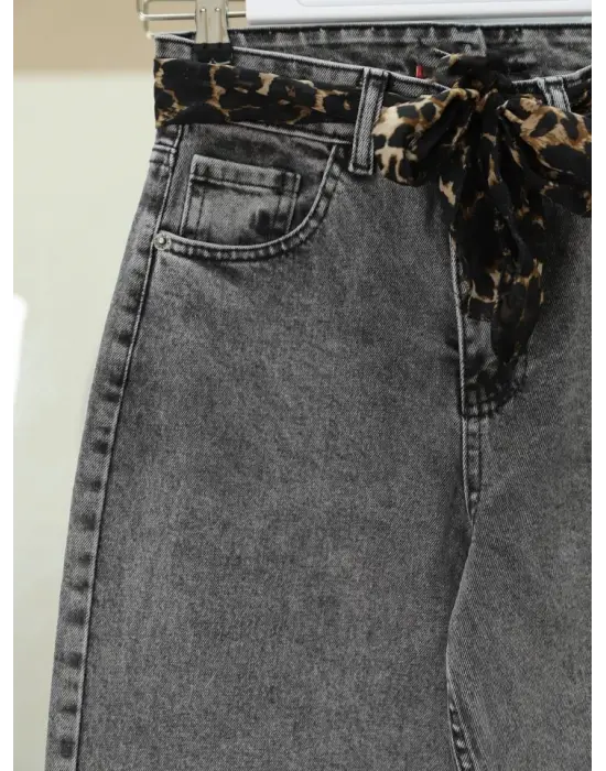 Fular Detaylı Palazzo Kot Pantolon  -Füme