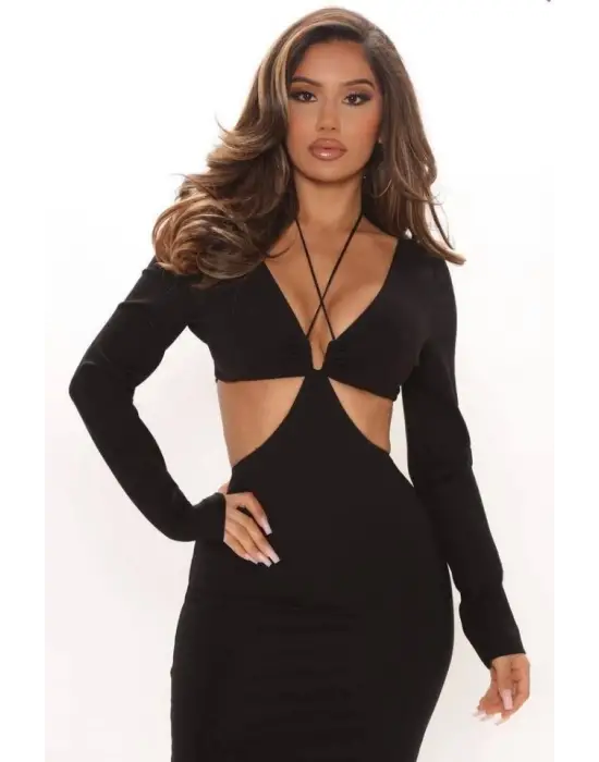 Omarı Yuvarlak Yaka Straplez Detaylı Seksi Elbise