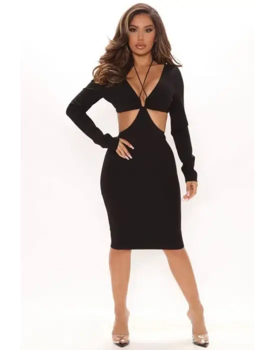 Omarı Yuvarlak Yaka Straplez Detaylı Seksi Elbise