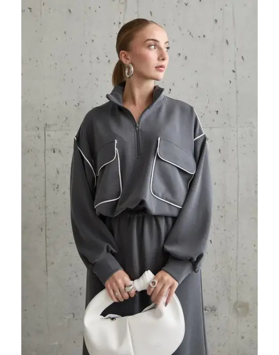 Omarı Füme Renkli Sweatshirt ve Etek Seti