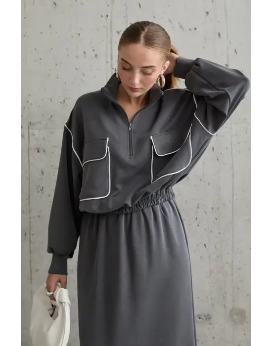 Omarı Füme Renkli Sweatshirt ve Etek Seti