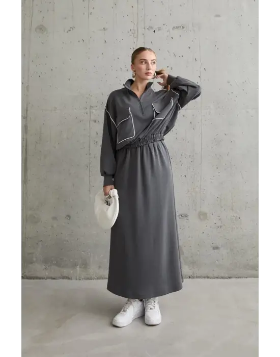 Omarı Füme Renkli Sweatshirt ve Etek Seti