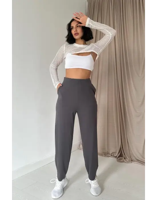 Omarı Füme Lastik Detaylı Pantolon