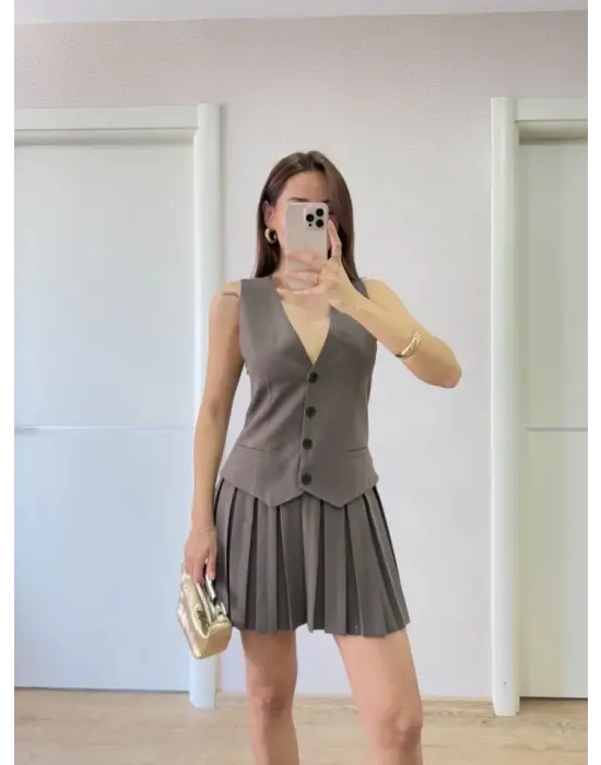 Omarı Füme Renkli Takım Görünümlü Mini Elbise