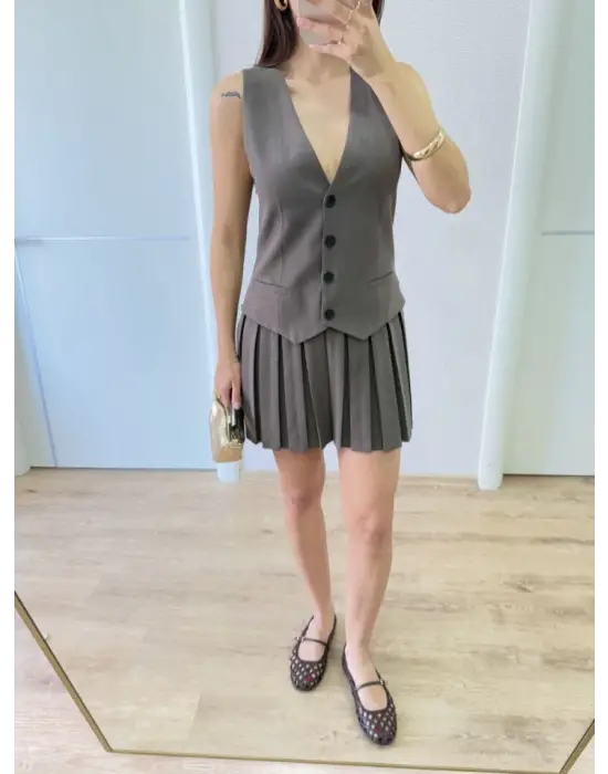 Omarı Füme Renkli Takım Görünümlü Mini Elbise