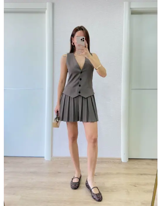 Omarı Füme Renkli Takım Görünümlü Mini Elbise