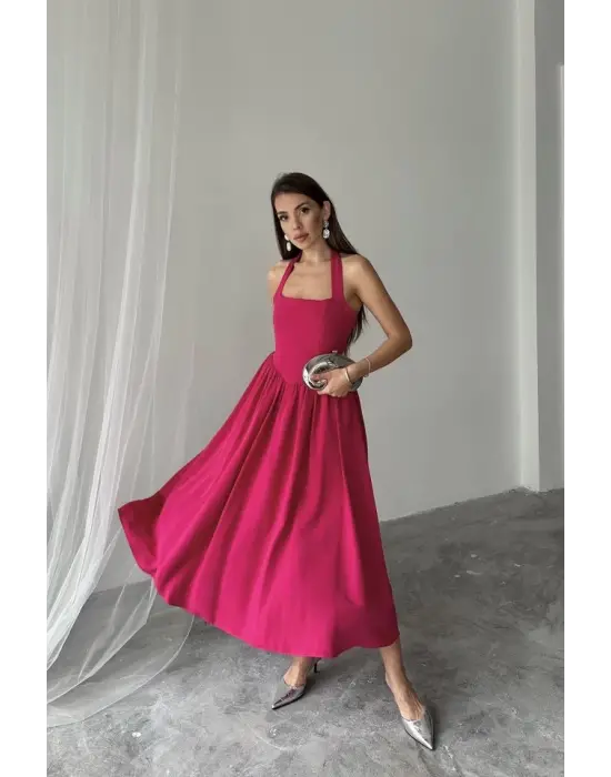 Omarı Fuşya Bağlamalı Keten Elbise