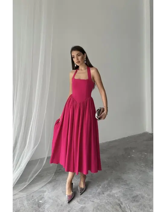 Omarı Fuşya Bağlamalı Keten Elbise