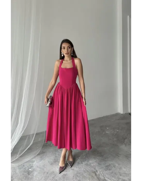 Omarı Fuşya Bağlamalı Keten Elbise