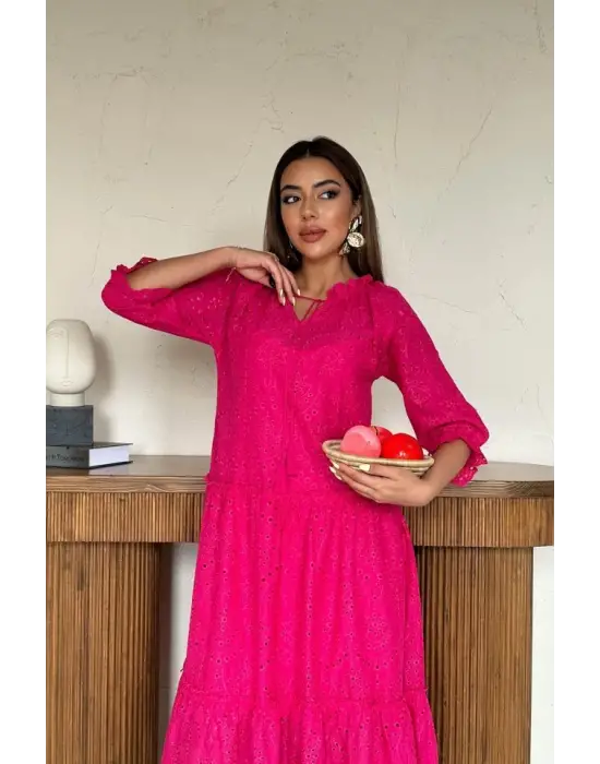 Omarı Dantel Detaylı Fuşya Elbise