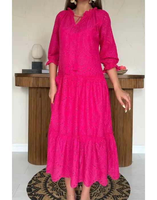 Omarı Dantel Detaylı Fuşya Elbise