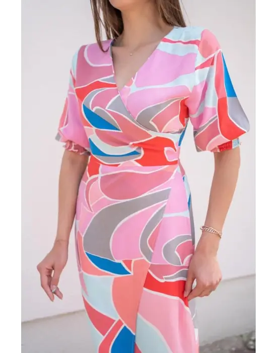 Fuşya Desenli Yırtmaçlı Elbise