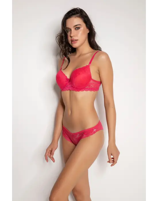 Fuşya Destekli Slip Külotlu Dantelli Sütyen Takımı 4007