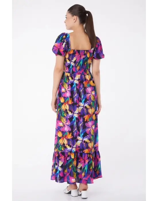 Omarı Fuşya Gipeli Kısa Kollu Elbise