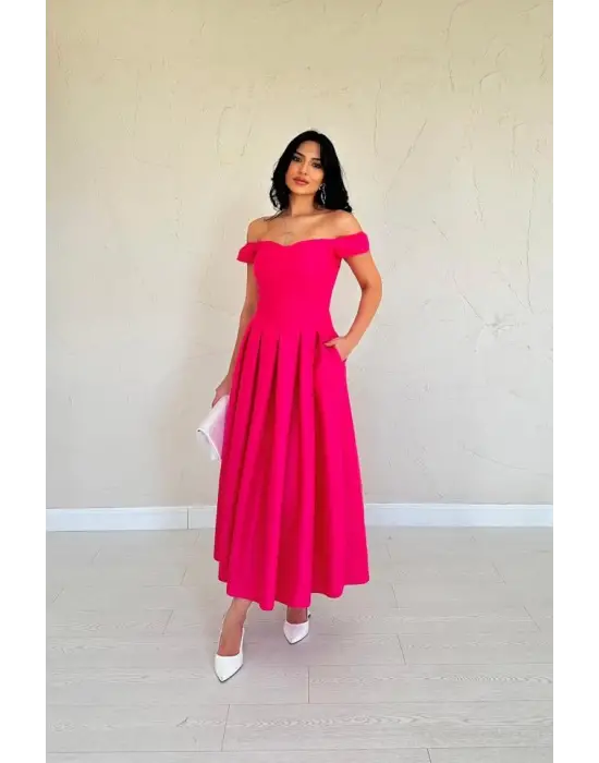 Omarı Şık Fuşya Jakar Elbise Modelleri