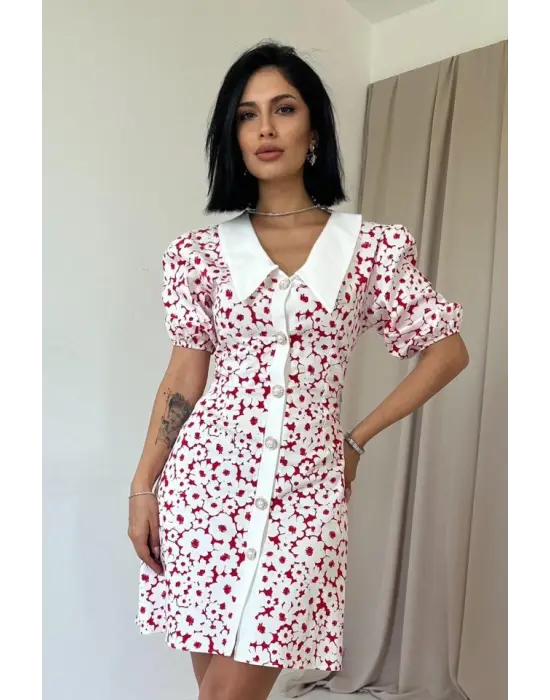 Fuşya Önlük Yakalı Poplin Elbise