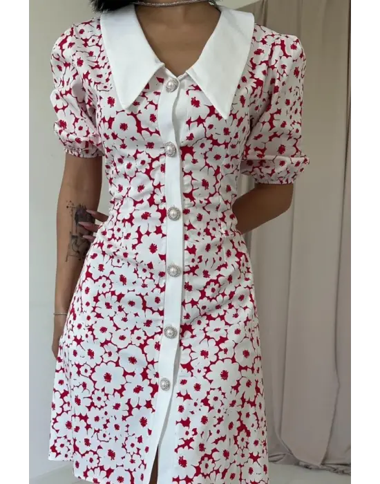 Fuşya Önlük Yakalı Poplin Elbise