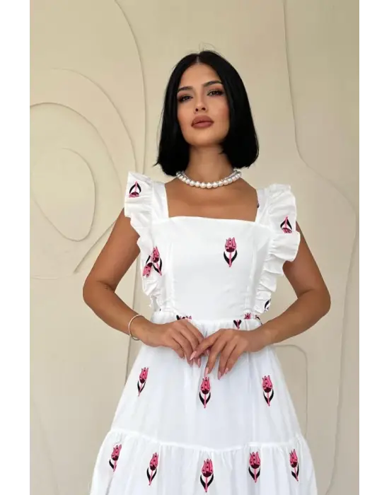 Fuşya Sıfır Kol Fırfırlı Elbise