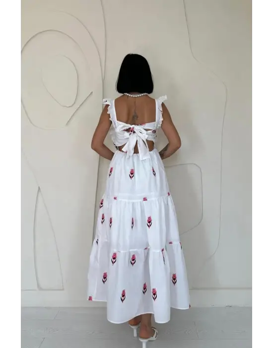 Fuşya Sıfır Kol Fırfırlı Elbise