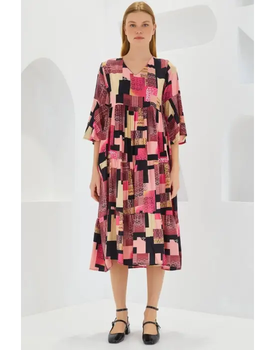 Fuşya Siyah Desenli Kısa Kol Viskon Elbise 1959