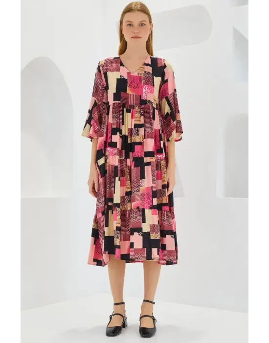 Fuşya Siyah Desenli Kısa Kol Viskon Elbise 1959