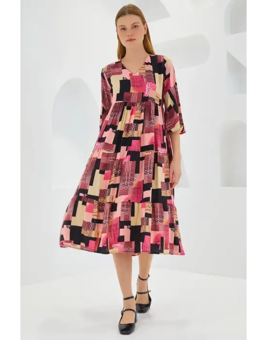Fuşya Siyah Desenli Kısa Kol Viskon Elbise 1959