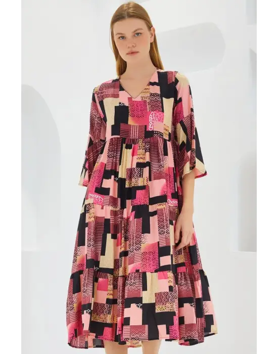Fuşya Siyah Desenli Kısa Kol Viskon Elbise 1959