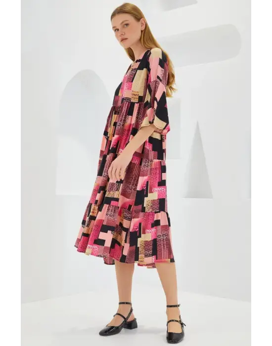 Fuşya Siyah Desenli Kısa Kol Viskon Elbise 1959