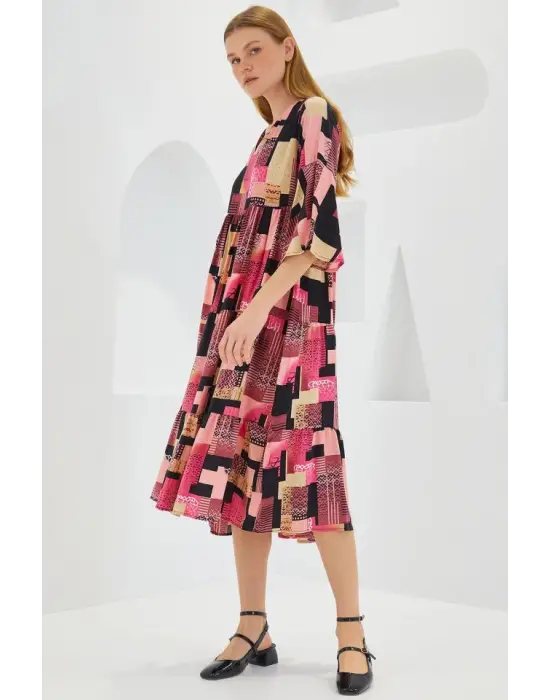Fuşya Siyah Desenli Kısa Kol Viskon Elbise 1959