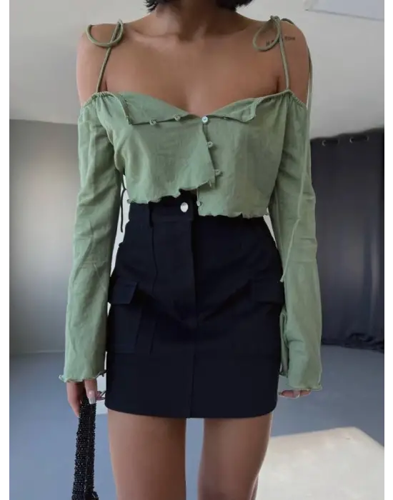 GABARDİN KISA ETEK CEP DETAYLI - Siyah