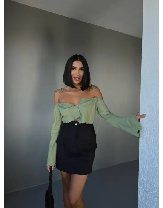 GABARDİN KISA ETEK CEP DETAYLI - Siyah