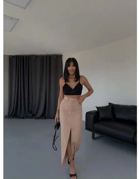 GABARDİN UZUN ÖNDEN YIRTMAÇLI ETEK - Kahverengi