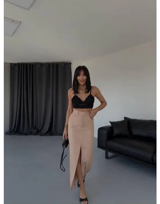 Omarı Zarif Uzun Yırtmaçlı Kahverengi Etek