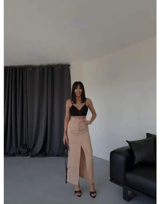 GABARDİN UZUN ÖNDEN YIRTMAÇLI ETEK - Kahverengi