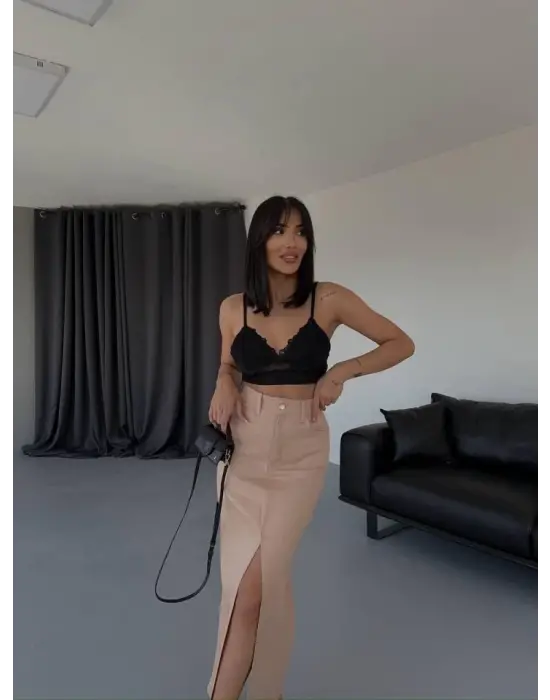 Omarı Zarif Uzun Yırtmaçlı Kahverengi Etek