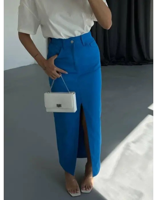 Omarı Modern Tarzda Uzun Yırtmaçlı Gabardin Etek