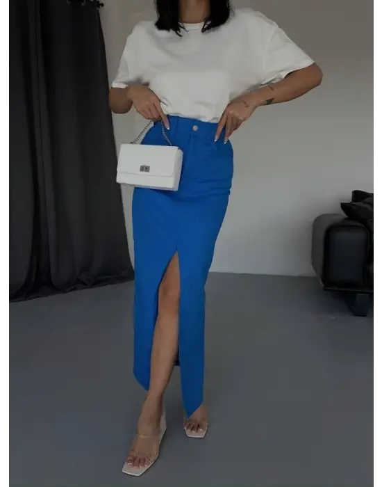 Omarı Modern Tarzda Uzun Yırtmaçlı Gabardin Etek