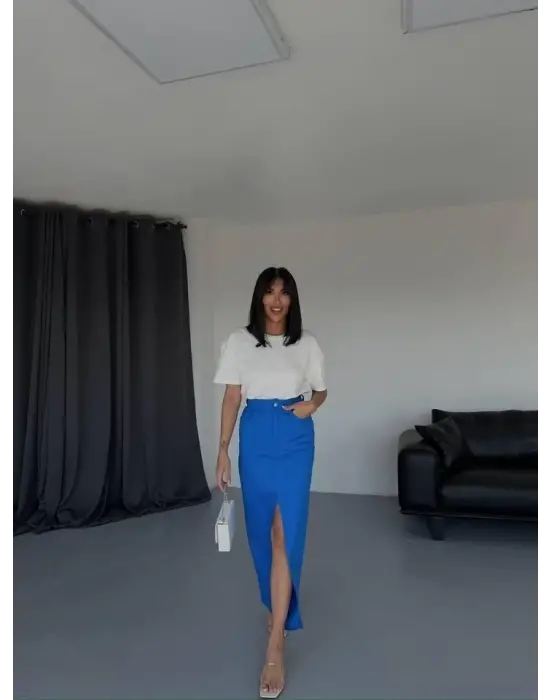 Omarı Modern Tarzda Uzun Yırtmaçlı Gabardin Etek