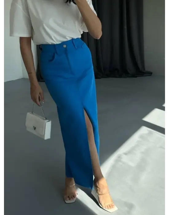 Omarı Modern Tarzda Uzun Yırtmaçlı Gabardin Etek