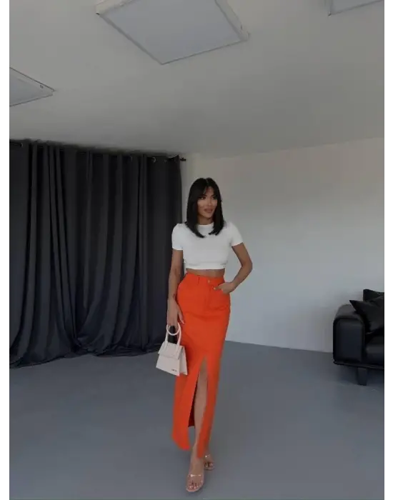 Omarı Turuncu Gabardin Uzun Yırtmaçlı Etek