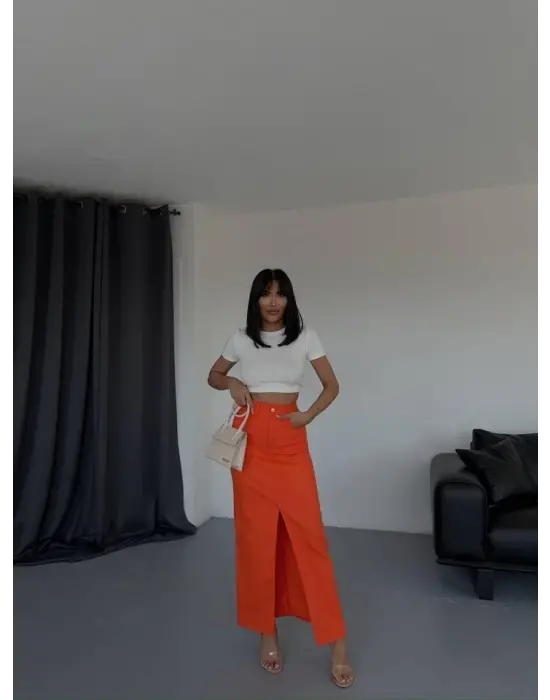 Omarı Turuncu Gabardin Uzun Yırtmaçlı Etek