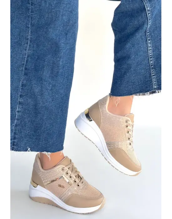 Geja Bej Cilt Bağcıklı Spor Ayakkabı