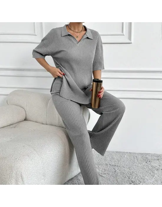 Geniş fitilli polo yaka kısa kol takım