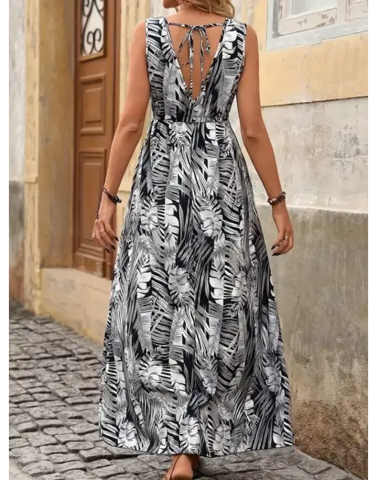 Omarı Belden Bağcıklı Desenli Geniş Kesim Elbise