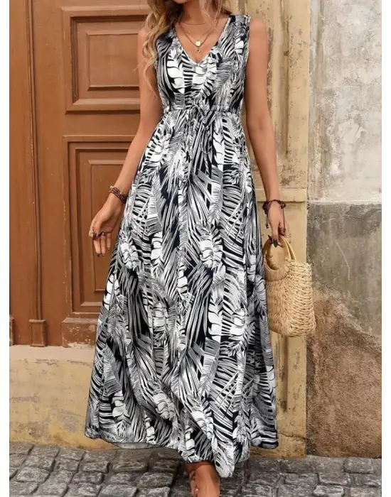 Omarı Belden Bağcıklı Desenli Geniş Kesim Elbise